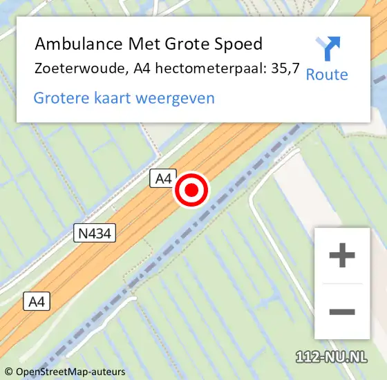 Locatie op kaart van de 112 melding: Ambulance Met Grote Spoed Naar Zoeterwoude, A4 hectometerpaal: 35,7 op 25 oktober 2024 22:19