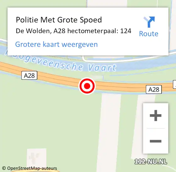 Locatie op kaart van de 112 melding: Politie Met Grote Spoed Naar De Wolden, A28 hectometerpaal: 124 op 25 oktober 2024 23:26