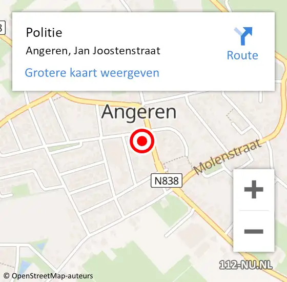 Locatie op kaart van de 112 melding: Politie Angeren, Jan Joostenstraat op 26 oktober 2024 00:16