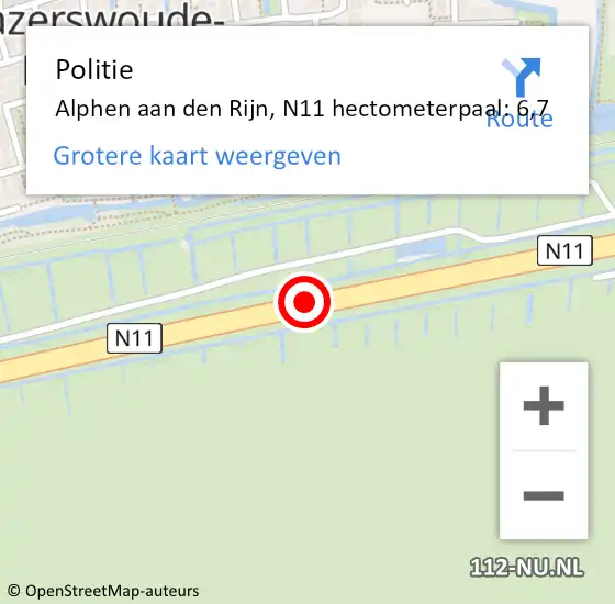 Locatie op kaart van de 112 melding: Politie Alphen aan den Rijn, N11 hectometerpaal: 6,7 op 26 oktober 2024 00:35