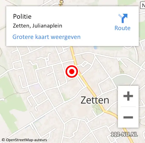 Locatie op kaart van de 112 melding: Politie Zetten, Julianaplein op 26 oktober 2024 01:38