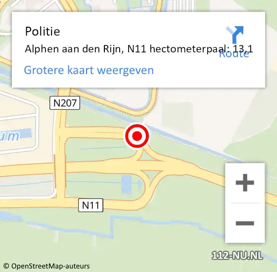 Locatie op kaart van de 112 melding: Politie Alphen aan den Rijn, N11 hectometerpaal: 13,1 op 26 oktober 2024 04:16