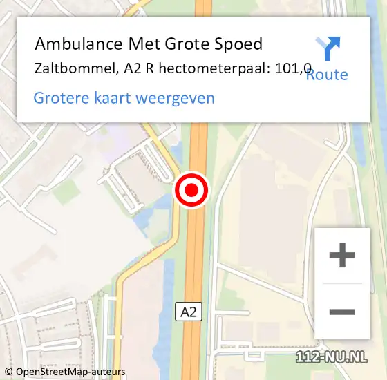 Locatie op kaart van de 112 melding: Ambulance Met Grote Spoed Naar Zaltbommel, A2 R hectometerpaal: 101,0 op 24 oktober 2014 18:16