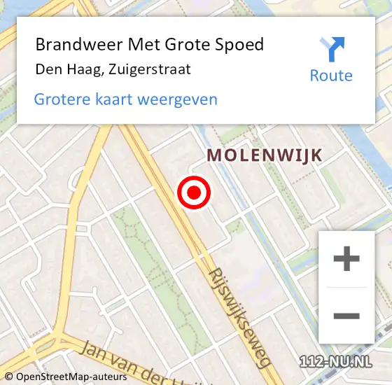 Locatie op kaart van de 112 melding: Brandweer Met Grote Spoed Naar Den Haag, Zuigerstraat op 26 oktober 2024 09:14