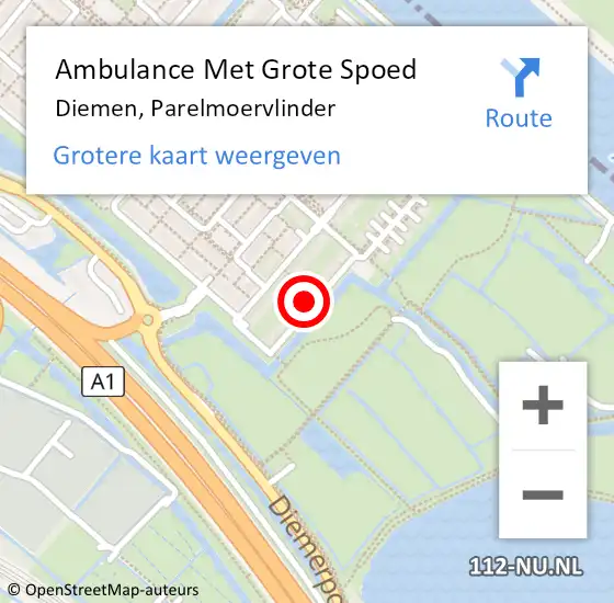 Locatie op kaart van de 112 melding: Ambulance Met Grote Spoed Naar Diemen, Parelmoervlinder op 26 oktober 2024 09:41