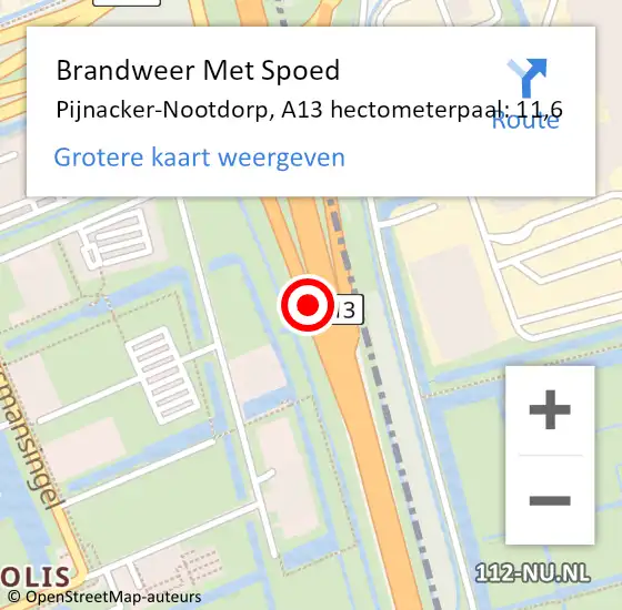 Locatie op kaart van de 112 melding: Brandweer Met Spoed Naar Pijnacker-Nootdorp, A13 hectometerpaal: 11,6 op 26 oktober 2024 10:26