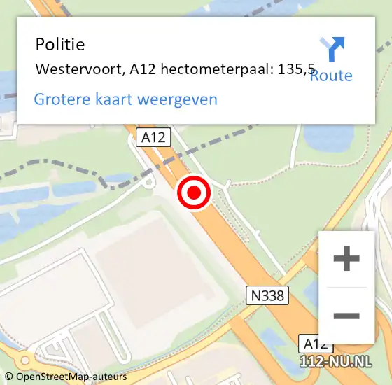 Locatie op kaart van de 112 melding: Politie Westervoort, A12 hectometerpaal: 135,5 op 26 oktober 2024 13:07