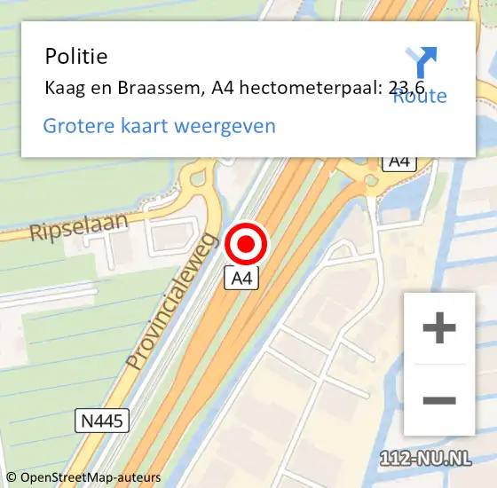 Locatie op kaart van de 112 melding: Politie Kaag en Braassem, A4 hectometerpaal: 23,6 op 26 oktober 2024 13:19