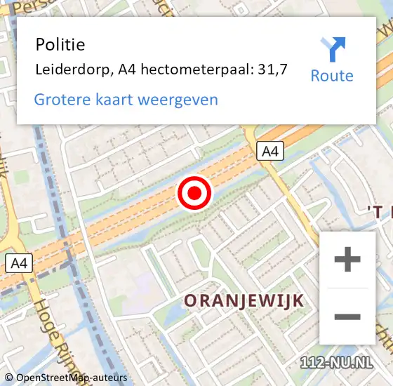 Locatie op kaart van de 112 melding: Politie Leiderdorp, A4 hectometerpaal: 31,7 op 26 oktober 2024 13:22