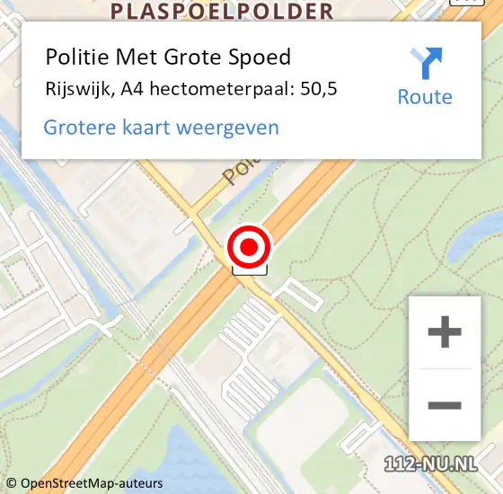 Locatie op kaart van de 112 melding: Politie Met Grote Spoed Naar Rijswijk, A4 hectometerpaal: 50,5 op 26 oktober 2024 13:29