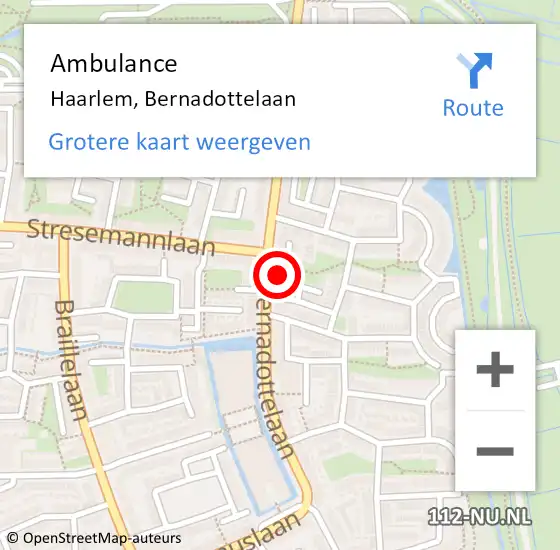 Locatie op kaart van de 112 melding: Ambulance Haarlem, Bernadottelaan op 26 oktober 2024 13:30