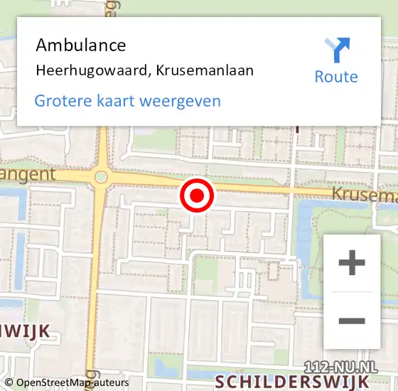 Locatie op kaart van de 112 melding: Ambulance Heerhugowaard, Krusemanlaan op 26 oktober 2024 13:31