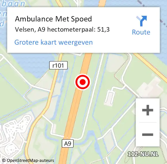 Locatie op kaart van de 112 melding: Ambulance Met Spoed Naar Velsen, A9 hectometerpaal: 51,3 op 26 oktober 2024 13:47