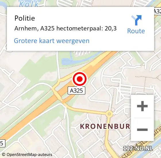 Locatie op kaart van de 112 melding: Politie Arnhem, A325 hectometerpaal: 20,3 op 26 oktober 2024 13:56