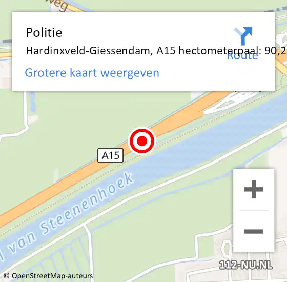 Locatie op kaart van de 112 melding: Politie Hardinxveld-Giessendam, A15 hectometerpaal: 90,2 op 26 oktober 2024 14:53