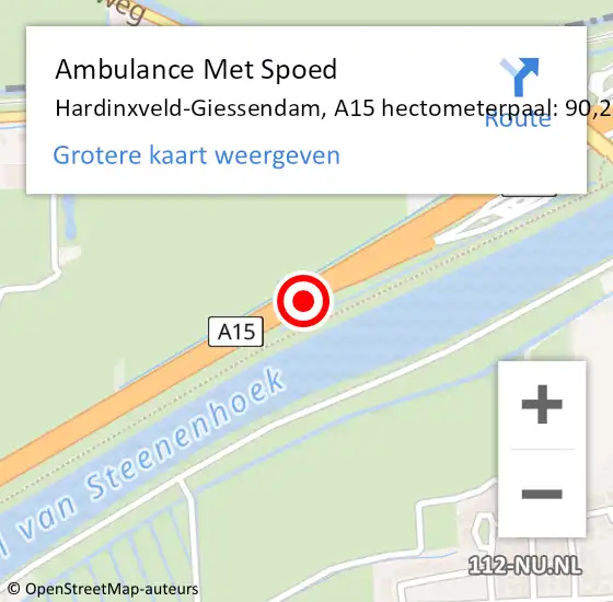 Locatie op kaart van de 112 melding: Ambulance Met Spoed Naar Hardinxveld-Giessendam, A15 hectometerpaal: 90,2 op 26 oktober 2024 14:55