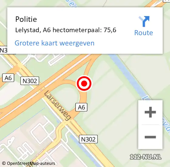 Locatie op kaart van de 112 melding: Politie Lelystad, A6 hectometerpaal: 75,6 op 26 oktober 2024 16:09