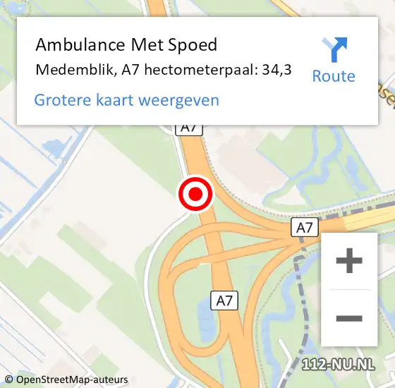 Locatie op kaart van de 112 melding: Ambulance Met Spoed Naar Medemblik, A7 hectometerpaal: 34,3 op 26 oktober 2024 16:19