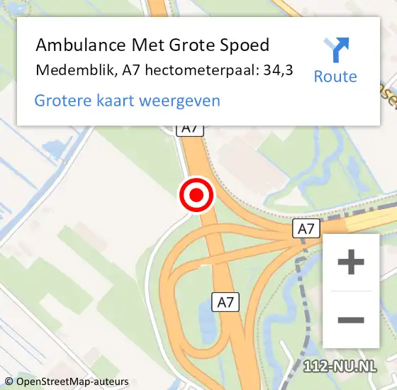 Locatie op kaart van de 112 melding: Ambulance Met Grote Spoed Naar Medemblik, A7 hectometerpaal: 34,3 op 26 oktober 2024 16:21