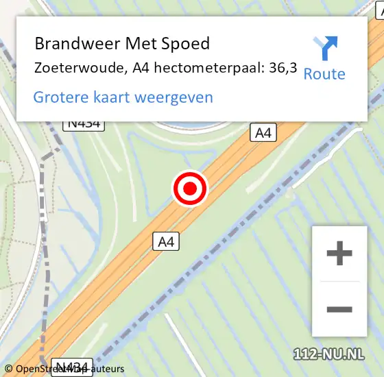 Locatie op kaart van de 112 melding: Brandweer Met Spoed Naar Zoeterwoude, A4 hectometerpaal: 36,3 op 26 oktober 2024 16:53