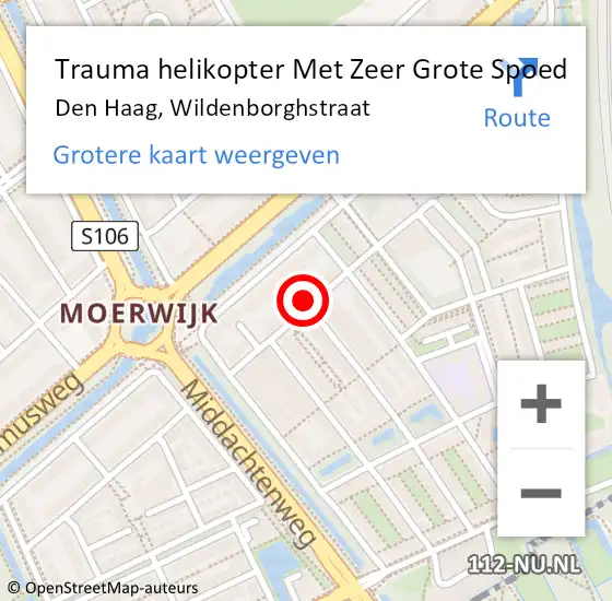 Locatie op kaart van de 112 melding: Trauma helikopter Met Zeer Grote Spoed Naar Den Haag, Wildenborghstraat op 26 oktober 2024 17:25