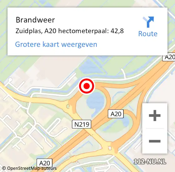 Locatie op kaart van de 112 melding: Brandweer Zuidplas, A20 hectometerpaal: 42,8 op 26 oktober 2024 18:50