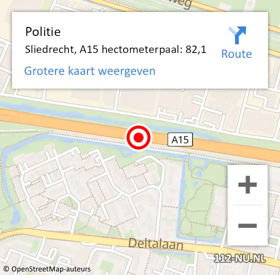 Locatie op kaart van de 112 melding: Politie Sliedrecht, A15 hectometerpaal: 82,1 op 26 oktober 2024 19:12