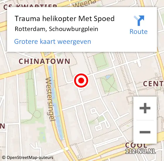 Locatie op kaart van de 112 melding: Trauma helikopter Met Spoed Naar Rotterdam, Schouwburgplein op 26 oktober 2024 19:22