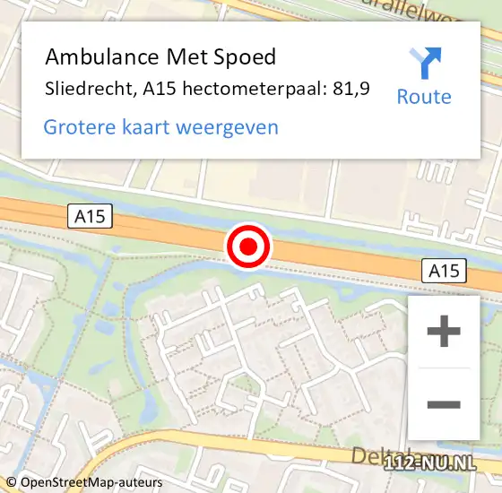 Locatie op kaart van de 112 melding: Ambulance Met Spoed Naar Sliedrecht, A15 hectometerpaal: 81,9 op 26 oktober 2024 19:23