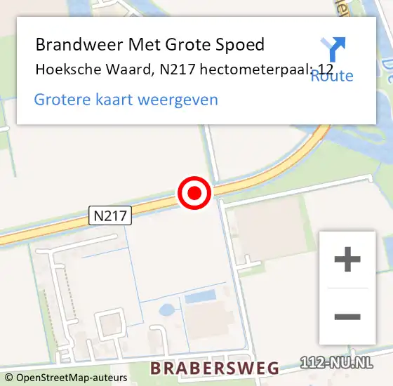 Locatie op kaart van de 112 melding: Brandweer Met Grote Spoed Naar Hoeksche Waard, N217 hectometerpaal: 12 op 26 oktober 2024 22:08