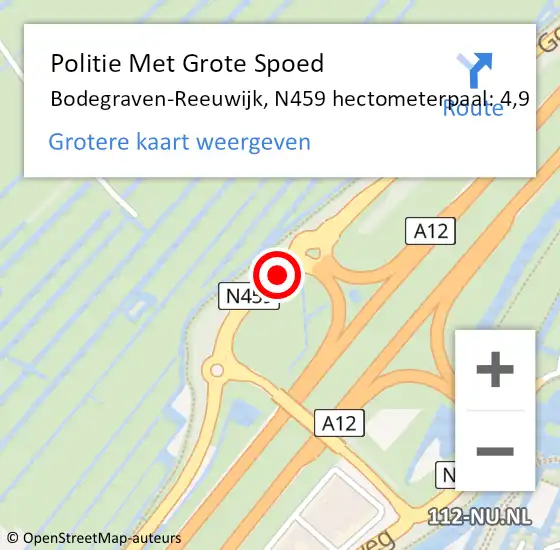 Locatie op kaart van de 112 melding: Politie Met Grote Spoed Naar Bodegraven-Reeuwijk, N459 hectometerpaal: 4,9 op 26 oktober 2024 22:29