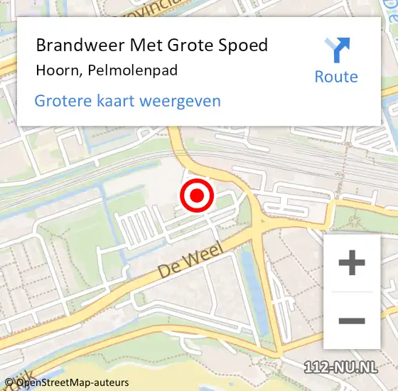 Locatie op kaart van de 112 melding: Brandweer Met Grote Spoed Naar Hoorn, Pelmolenpad op 26 oktober 2024 23:47