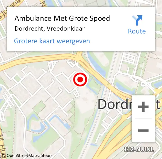 Locatie op kaart van de 112 melding: Ambulance Met Grote Spoed Naar Dordrecht, Vreedonklaan op 26 oktober 2024 23:51