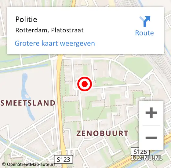 Locatie op kaart van de 112 melding: Politie Rotterdam, Platostraat op 27 oktober 2024 00:02