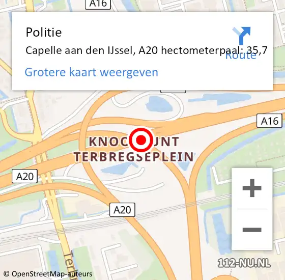 Locatie op kaart van de 112 melding: Politie Capelle aan den IJssel, A20 hectometerpaal: 35,7 op 27 oktober 2024 00:31