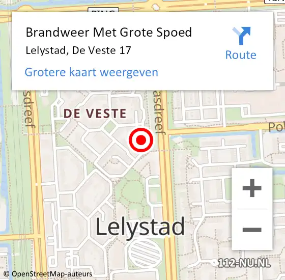 Locatie op kaart van de 112 melding: Brandweer Met Grote Spoed Naar Lelystad, De Veste 17 op 27 oktober 2024 02:51