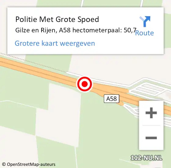 Locatie op kaart van de 112 melding: Politie Met Grote Spoed Naar Gilze en Rijen, A58 hectometerpaal: 50,7 op 27 oktober 2024 03:43