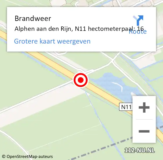 Locatie op kaart van de 112 melding: Brandweer Alphen aan den Rijn, N11 hectometerpaal: 16 op 27 oktober 2024 07:54