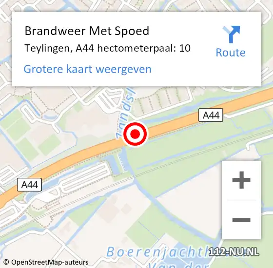 Locatie op kaart van de 112 melding: Brandweer Met Spoed Naar Teylingen, A44 hectometerpaal: 10 op 27 oktober 2024 12:42