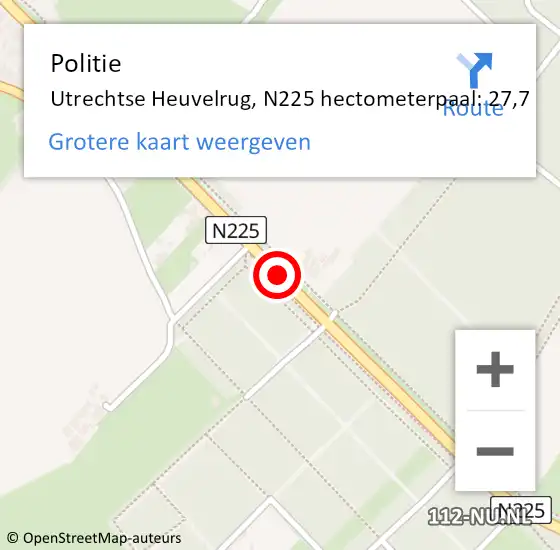 Locatie op kaart van de 112 melding: Politie Utrechtse Heuvelrug, N225 hectometerpaal: 27,7 op 27 oktober 2024 12:50