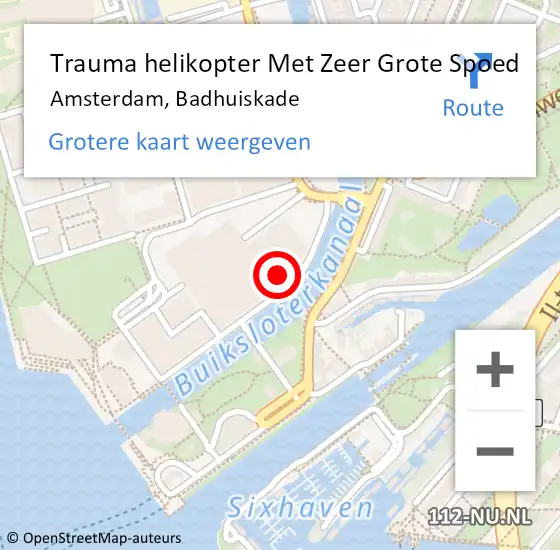 Locatie op kaart van de 112 melding: Trauma helikopter Met Zeer Grote Spoed Naar Amsterdam, Badhuiskade op 27 oktober 2024 13:14