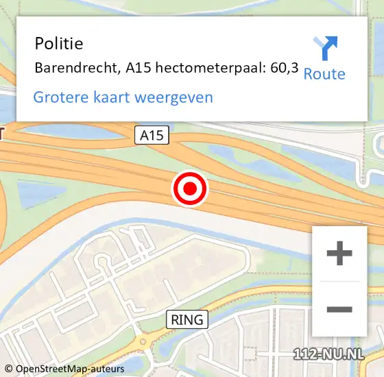 Locatie op kaart van de 112 melding: Politie Barendrecht, A15 hectometerpaal: 60,3 op 27 oktober 2024 13:47