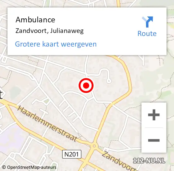 Locatie op kaart van de 112 melding: Ambulance Zandvoort, Julianaweg op 27 oktober 2024 14:03