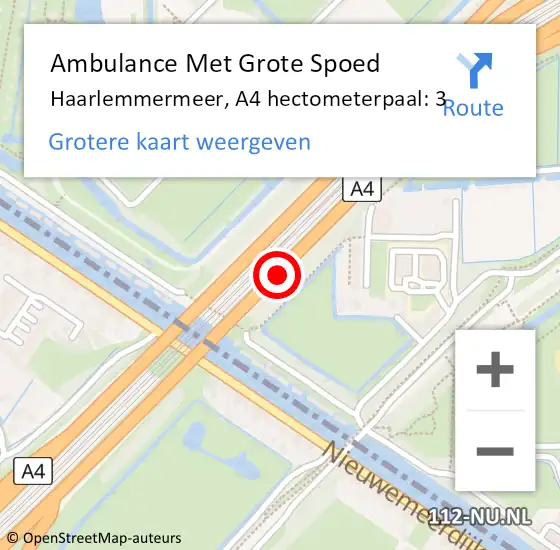 Locatie op kaart van de 112 melding: Ambulance Met Grote Spoed Naar Haarlemmermeer, A4 hectometerpaal: 3 op 27 oktober 2024 15:07