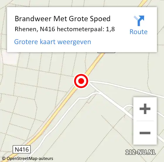 Locatie op kaart van de 112 melding: Brandweer Met Grote Spoed Naar Rhenen, N416 hectometerpaal: 1,8 op 27 oktober 2024 16:55