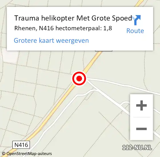 Locatie op kaart van de 112 melding: Trauma helikopter Met Grote Spoed Naar Rhenen, N416 hectometerpaal: 1,8 op 27 oktober 2024 16:56