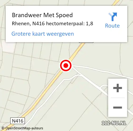 Locatie op kaart van de 112 melding: Brandweer Met Spoed Naar Rhenen, N416 hectometerpaal: 1,8 op 27 oktober 2024 17:03