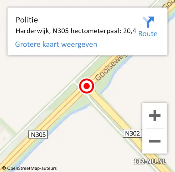 Locatie op kaart van de 112 melding: Politie Harderwijk, N305 hectometerpaal: 20,4 op 27 oktober 2024 20:50