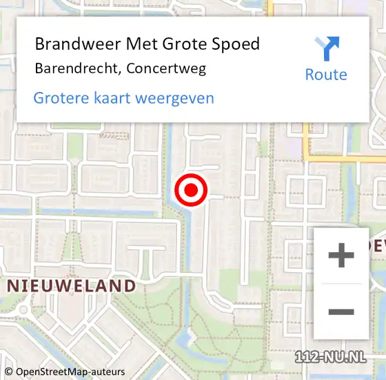 Locatie op kaart van de 112 melding: Brandweer Met Grote Spoed Naar Barendrecht, Concertweg op 27 oktober 2024 22:05