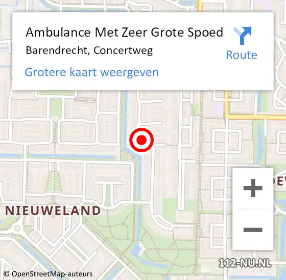 Locatie op kaart van de 112 melding: Ambulance Met Zeer Grote Spoed Naar Barendrecht, Concertweg op 27 oktober 2024 22:05